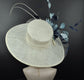 Wide Brim Sinamay Hat Church Kentucky Derby Hat Tea Party Wedding Hat Feather Flower Ostrich Quills Ivory/Off White w Navy Blue Powder Blue