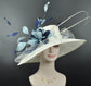 Wide Brim Sinamay Hat Church Kentucky Derby Hat Tea Party Wedding Hat Feather Flower Ostrich Quills Ivory/Off White w Navy Blue Powder Blue