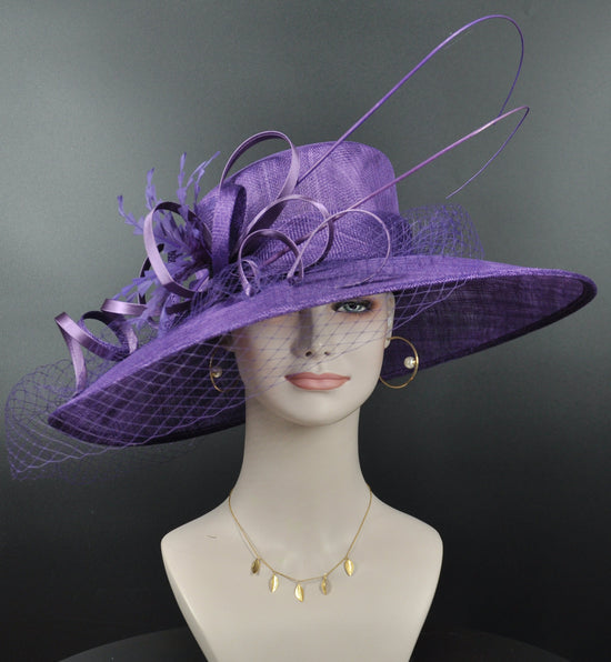 TH21009 Purple Wide Brim Sinamay Hat Church Kentucky Derby Hat Carriage Tea Party Wedding  Royal Ascot Horse Race Oaks day hat