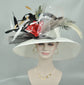 White w Red Silk Flowers  Peacock Feathers  Kentucky Derby,Tea Party Carriage Party  Royal AscotWide Brim  Sinamay Hat Black Gold