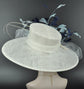 Wide Brim Sinamay Hat Church Kentucky Derby Hat Carriage Tea Party Wedding Hat Feather Flower Ostrich Quills White w Navy Blue Powder Blue