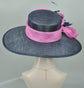 SM21007 Church Kentucky Derby Hat Carriage Tea Party Wedding Wide Brim  Royal Ascot Hat in Solid Sinamay Hat Navy Blue w Hot Pink