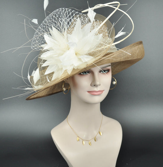 Church Kentucky Derby HatCarriage Hat Tea Party Wedding  JumboRoyal Ascot Horse Race Oaks day hat Taupe w Ivory