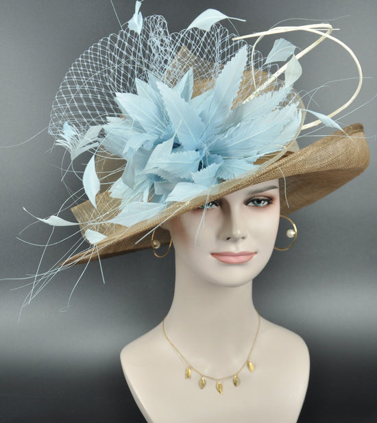 Church Kentucky Derby HatCarriage Hat Tea Party WeddingJumbo Feather Flowers Ostrich Quills Taupe w Powder Blue Ivory