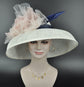 Audrey Hepburn Style Dome Hat Kentucky Derby Hat Tea Party Carriage Wide Brim Sinamay Hat White Navy Blue+Blush Pink Silk Flower