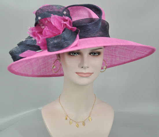 SM21007 Church Kentucky Derby Hat Carriage Tea Party Wedding Wide Brim  Royal Ascot Hat in Solid Sinamay Hat  Hot Pink W Navy Blue