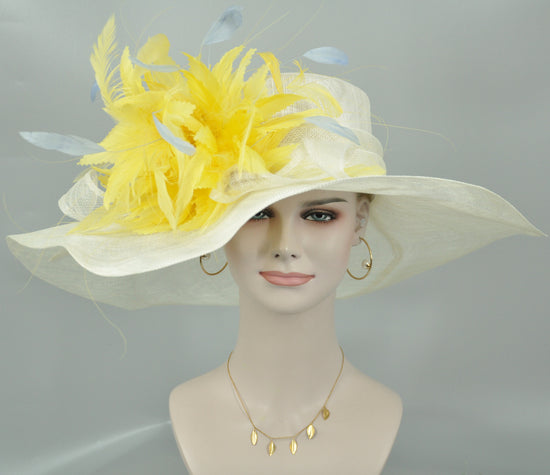 off White/ Ivory w Yellow Powder BLue  Feather Flower Kentucky Derby Hat, Church Hat, Wedding Hat, Easter Hat,  Wide Brim  Sinamay  Hat