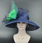 Church Kentucky Derby Hat Carriage Tea Party Wedding Wide Brim Woman’s Sinamay Hat Navy Blue w Green Flower Peacock Feathers