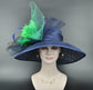 Church Kentucky Derby Hat Carriage Tea Party Wedding Wide Brim Woman’s Sinamay Hat Navy Blue w Green Flower Peacock Feathers