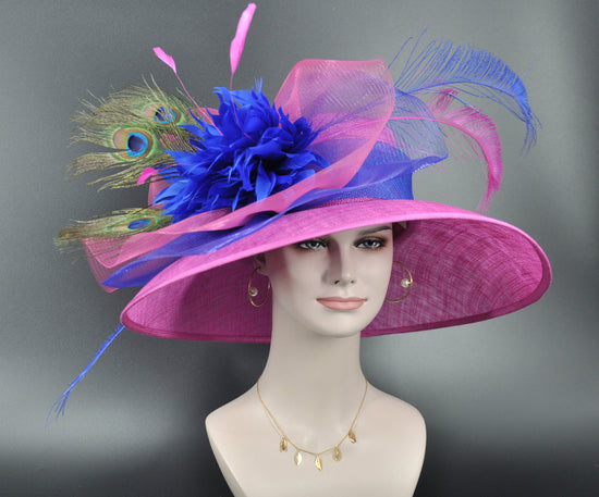 Church Kentucky Derby Hat  Carriage Tea Party Wedding Wide Brim  Royal Ascot Horse Race Oaks day hatHot Pink w Royal Blue