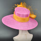 Hot Pink w Orange Feather Flower  Kentucky Derby Hat Tea Party Carriage Party Wide brim Sinamay Hat