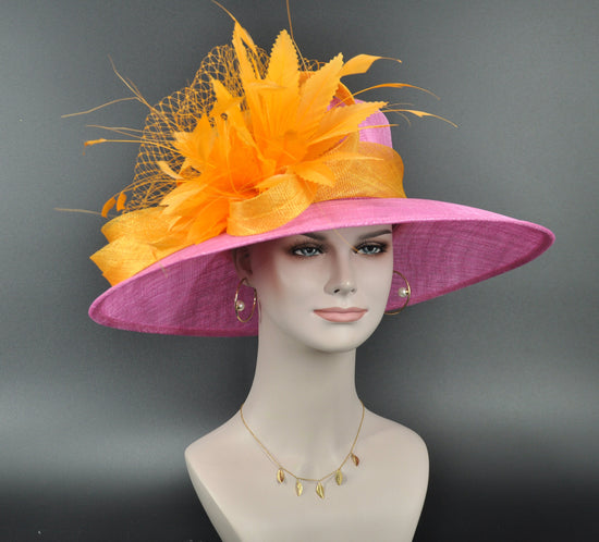 Hot Pink w Orange Feather Flower  Kentucky Derby Hat Tea Party Carriage Party Wide brim Sinamay Hat