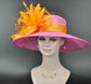 Hot Pink w Orange Feather Flower  Kentucky Derby Hat Tea Party Carriage Party Wide brim Sinamay Hat