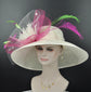 Church Kentucky Derby Hat   Tea Party Wedding Wide Brim  Royal Ascot Hat in Solid Sinamay Hat Ivory/Off White and  Hot Pink w Green