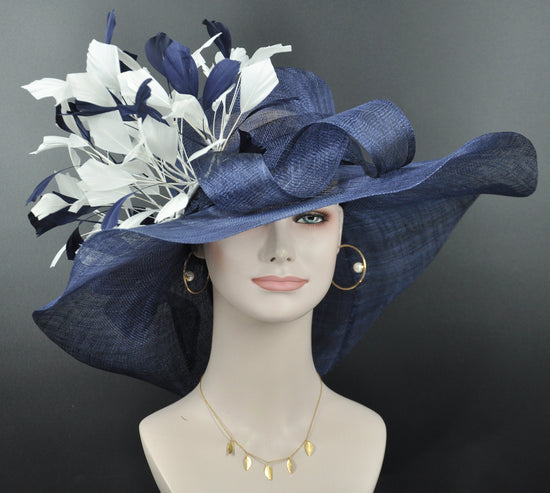 Navy  Blue W White  Feather Flower Kentucky Derby Hat, Church Hat, Wedding Hat, Easter Hat, Tea Party Hat Wide Brim  Sinamay  Hat