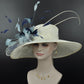 Wide Brim Sinamay Hat Church Kentucky Derby Hat Tea Party Wedding Hat Feather Flower Ostrich Quills Ivory/Off White w Navy Blue Powder Blue