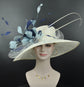 Wide Brim Sinamay Hat Church Kentucky Derby Hat Tea Party Wedding Hat Feather Flower Ostrich Quills Ivory/Off White w Navy Blue Powder Blue