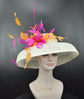 Audrey Hepburn Style Dome Hat Kentucky Derby Hat Tea Party Carriage Party  Wide Brim Sinamay Hat Ivory/Off White W Hot Pink Orange