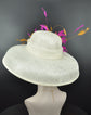 Audrey Hepburn Style Dome Hat Kentucky Derby Hat Tea Party Carriage Party  Wide Brim Sinamay Hat Ivory/Off White W Hot Pink Orange