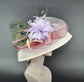 Audrey Hepburn Style Dome Hat Kentucky Derby Hat Tea Party Carriage Wide Brim Sinamay Hat Ivory Lavender Maroon Peacock Feathers Decoration