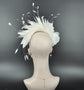 White  Silk Flower with Goose and Rooster Feather Flowers Fascinator Hat  Made On A Same Color Headband