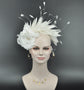 White  Silk Flower with Goose and Rooster Feather Flowers Fascinator Hat  Made On A Same Color Headband