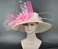 Church Kentucky Derby Hat Wide Brim Sinamay Hat  Carriage Tea Party Wedding Champagne( More colors options) w Pink Hot Pink Fuchsia Flower