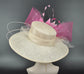 Church Kentucky Derby Hat Wide Brim Sinamay Hat  Carriage Tea Party Wedding Champagne( More colors options) w Pink Hot Pink Fuchsia Flower