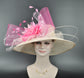 Church Kentucky Derby Hat Wide Brim Sinamay Hat  Carriage Tea Party Wedding Champagne( More colors options) w Pink Hot Pink Fuchsia Flower