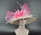 Church Kentucky Derby Hat Wide Brim Sinamay Hat  Carriage Tea Party Wedding Champagne( More colors options) w Pink Hot Pink Fuchsia Flower