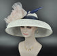 Audrey Hepburn Style Dome Hat Kentucky Derby Hat Tea Party Carriage Wide Brim Sinamay Hat White Navy Blue+Blush Pink Silk Flower