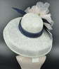 Audrey Hepburn Style Dome Hat Kentucky Derby Hat Tea Party Carriage Wide Brim Sinamay Hat White Navy Blue+Blush Pink Silk Flower