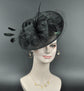 Sinamay  Disc Fascinator Hat with Feathers and Netting Black Lovely Sophisticated For derby Race Church Dress Cocktail