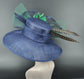 Church Kentucky Derby Hat Carriage Tea Party Wedding Wide Brim Woman’s Sinamay Hat Navy Blue w Green Flower Peacock Feathers