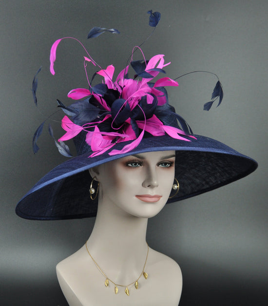 Navy Blue with Hot Pink Fuchsia  Feather Flowers Kentucky Derby Hat Tea Party Carriage Party  Wide Brim  Sinamay Hat