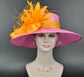 Hot Pink w Orange Feather Flower  Kentucky Derby Hat Tea Party Carriage Party Wide brim Sinamay Hat