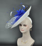 White with Roayl Blue Sinamay Disc Fascinator Hat with  Jumbo  Feather Flowers, Pheasant Feathers, Peacock Eye Feathers, Kenucky Derby