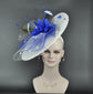 White with Roayl Blue Sinamay Disc Fascinator Hat with  Jumbo  Feather Flowers, Pheasant Feathers, Peacock Eye Feathers, Kenucky Derby