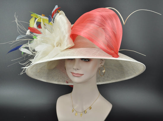 Church Kentucky Derby Hat  Carriage Tea Party Wedding Wide Brim Sinamay Hat Ivory/off white w Huge Coral Pink Silk Abaca Bows, Quills