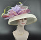 Audrey Hepburn Style Dome Hat Kentucky Derby Hat Tea Party Carriage Wide Brim Sinamay Hat Ivory Lavender Maroon Peacock Feathers Decoration