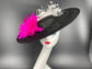 Large Brim Sinamay Fascinator  Hat for  Kentucky Derby Hat Millinery  Round Shape 18.5 Diameter, hold by elastic Black w White Fuchsia