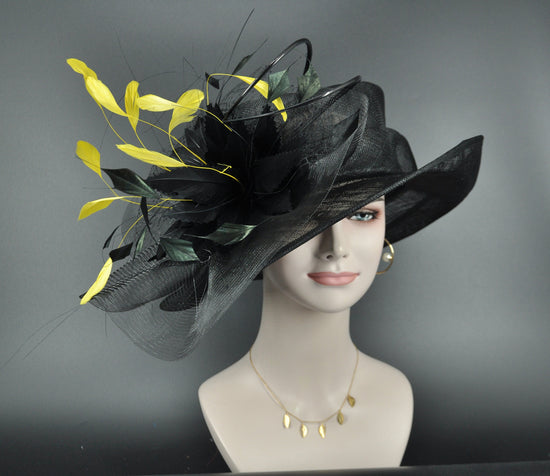 Church Kentucky Derby Hat Carriage Tea Party Wedding  Feather Flowers and Ostrich  Quills Black w Yellow