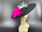 Large Brim Sinamay Fascinator  Hat for  Kentucky Derby Hat Millinery  Round Shape 18.5 Diameter, hold by elastic Black w White Fuchsia