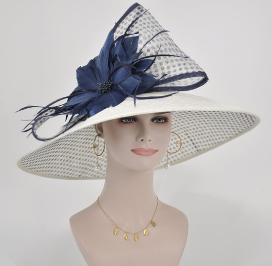 White w Navy Blue Royal Ascot Horse Race Oaks day hat Carriage Tea Party Wedding Kentucky Derby Hat Party Hat