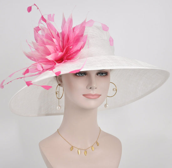 White w Fuchsia Hot Pink and Pink Feather Flower Kentucky Derby Hat Tea Party Carriage Party  Royal AscotWide Brim  Sinamay Hat