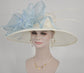 Wide Brim Sinamay Hat Church Kentucky Derby Hat Carriage Party Wedding Hat Royal Ascot Horse Race Oaks day hatOff White/Ivory w Powder Blue