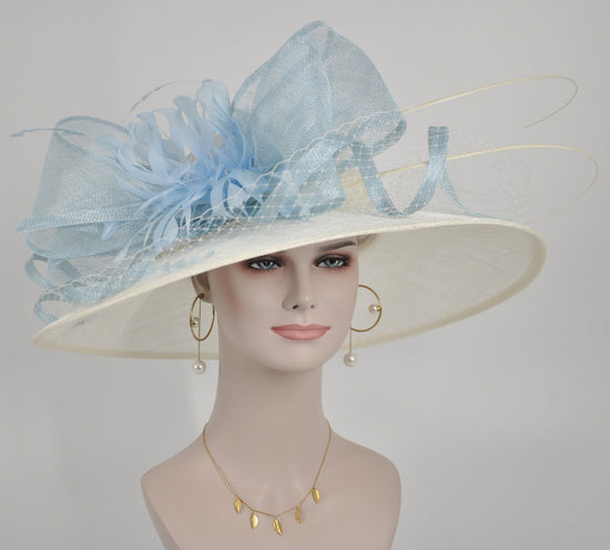 Wide Brim Sinamay Hat Church Kentucky Derby Hat Carriage Party Wedding Hat Royal Ascot Horse Race Oaks day hatOff White/Ivory w Powder Blue