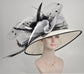 White w Black Jumbo Bows Feather Flower Wide Brim Kentucky Derby Party Hat