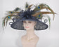 Church Kentucky Derby Hat Carriage Tea Party Wedding Wide Brim Sinamay Hat W Peacock  Pheasant Feather Flower and Sinamay Bows Navy Blue