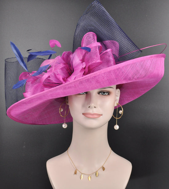 Church Kentucky Derby Carriage Tea Party Wedding Wide Brim  Royal Ascot Horse Race Oaks day hatHot Pink/ Fuschia/Navy Blue